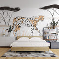Cheetah wallpaper mural creating a stunning focal point in a modern living room with neutral furniture and natural light