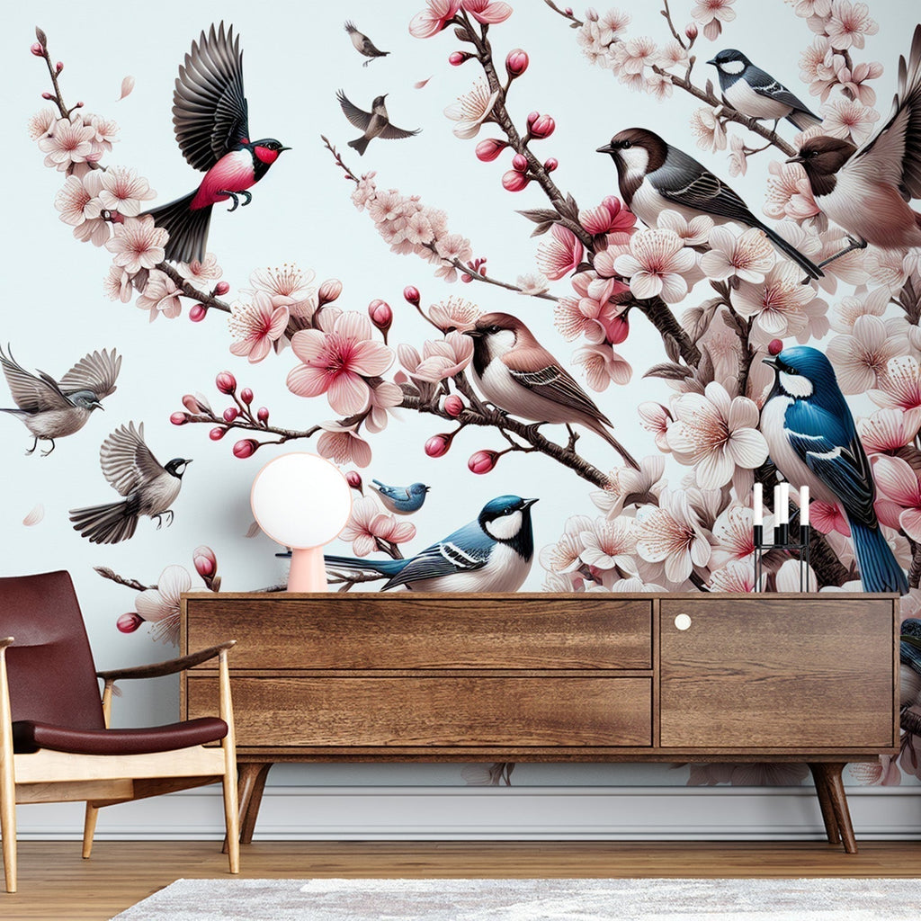 Cherry blossom wallpaper with birds creating a peaceful atmosphere in a bright modern bedroom with natural light