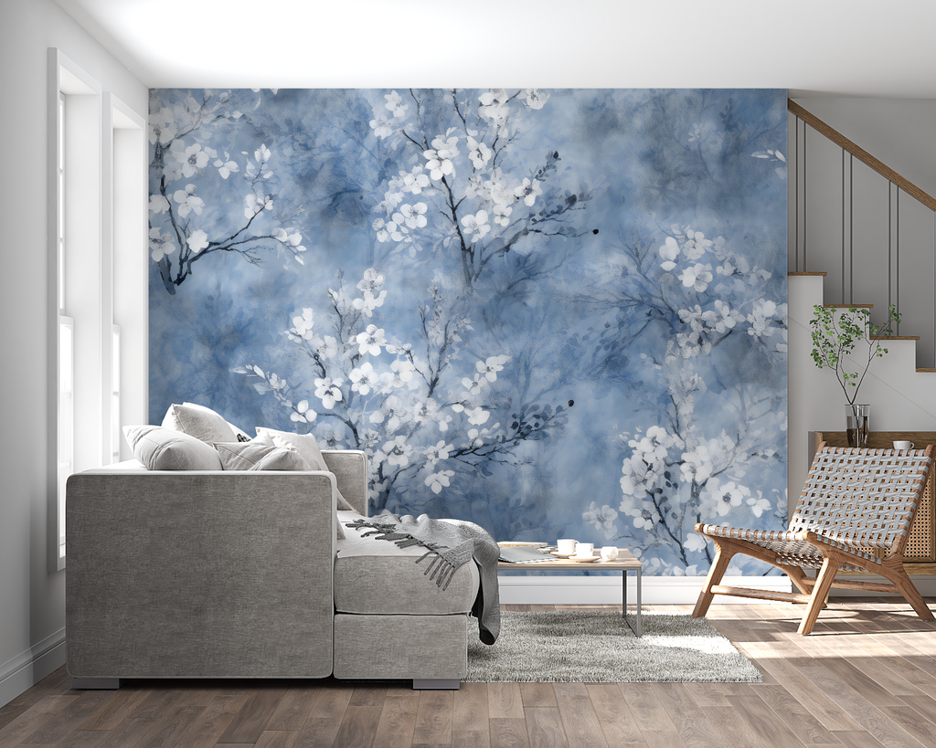 Blue cherry blossom mural in dining room with natural lighting