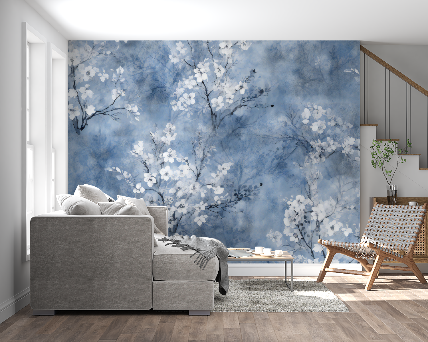 Blue cherry blossom mural in dining room with natural lighting