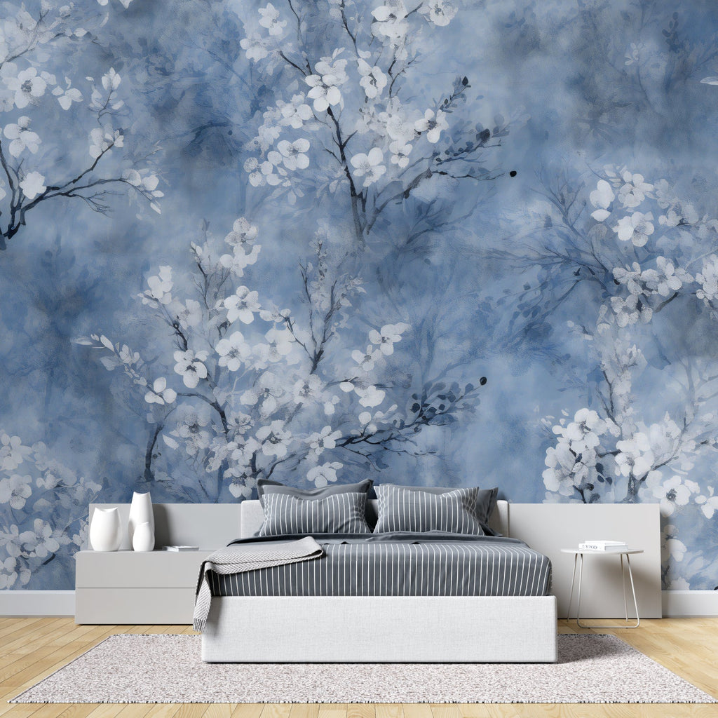 Cherry blossom wall mural in home office showing scale of floral pattern