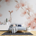 Cherry blossom wallpaper creating a peaceful atmosphere in a modern bedroom with natural light