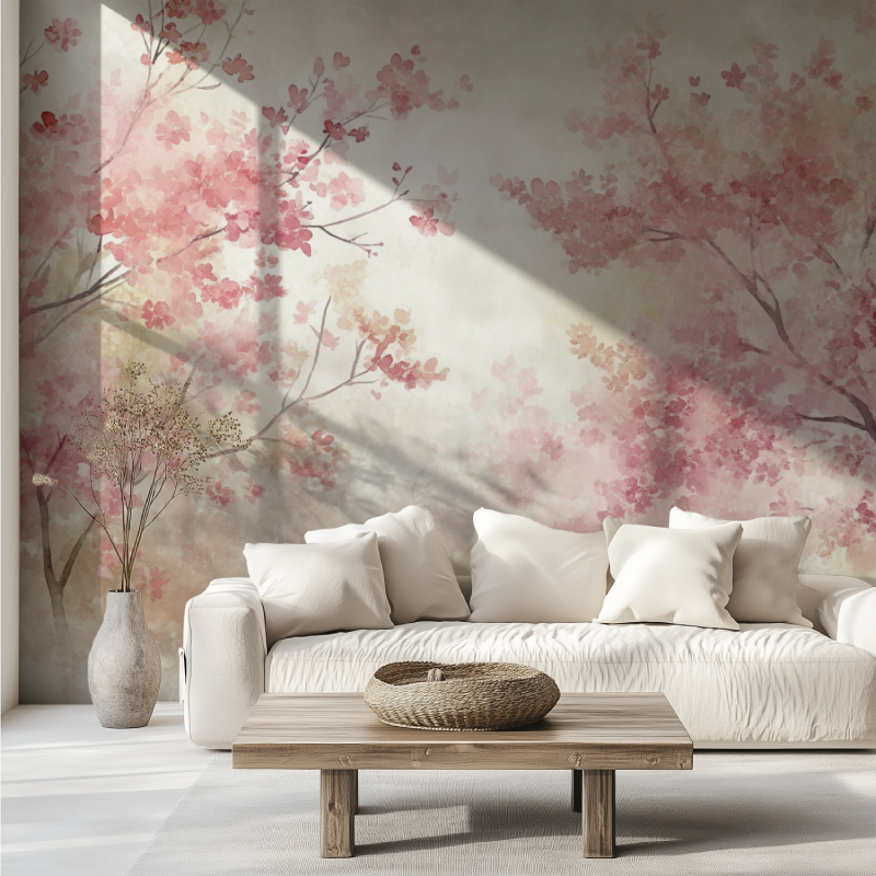 Pink cherry blossom mural creating a peaceful atmosphere in a master bedroom