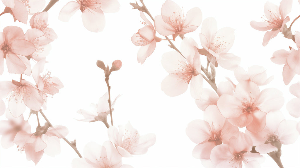 Pink cherry blossom wall mural adding softness to a minimalist dining room