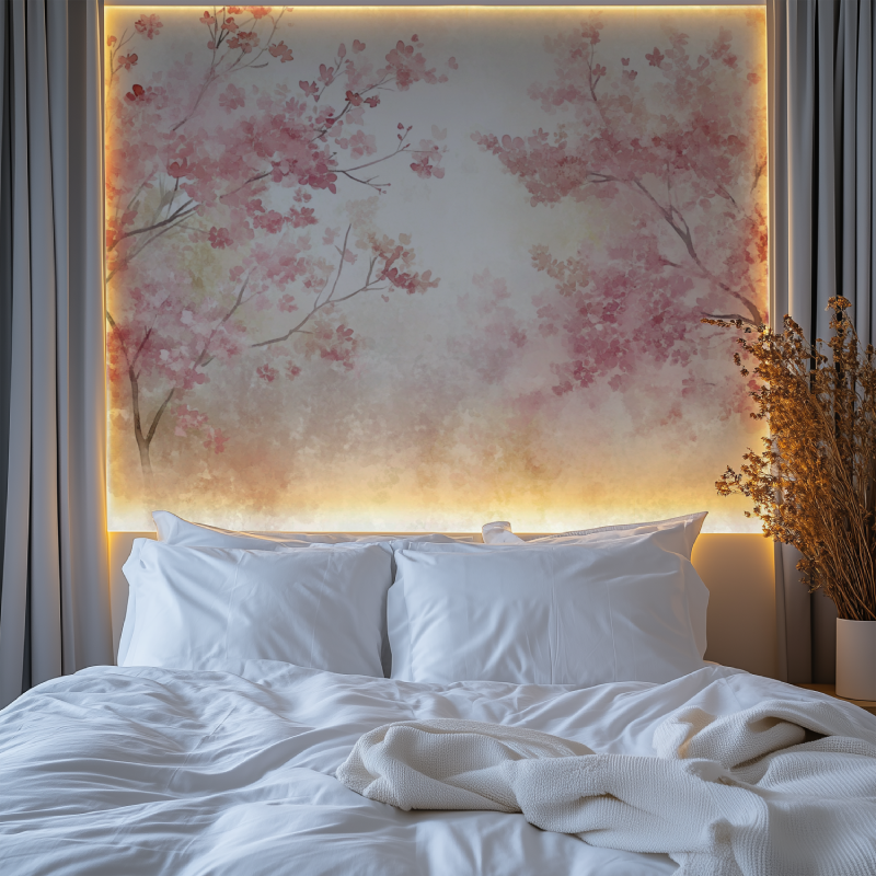 Sakura wallpaper bringing spring feeling to a cozy reading nook