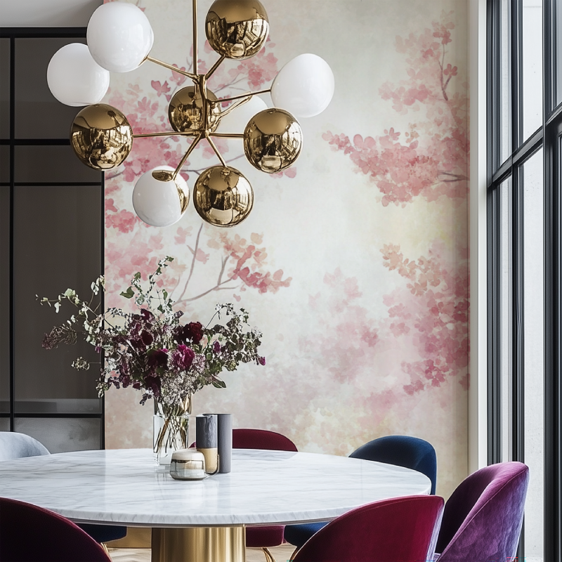 Cherry blossom wall mural adding soft pink tones to a minimalist dining room