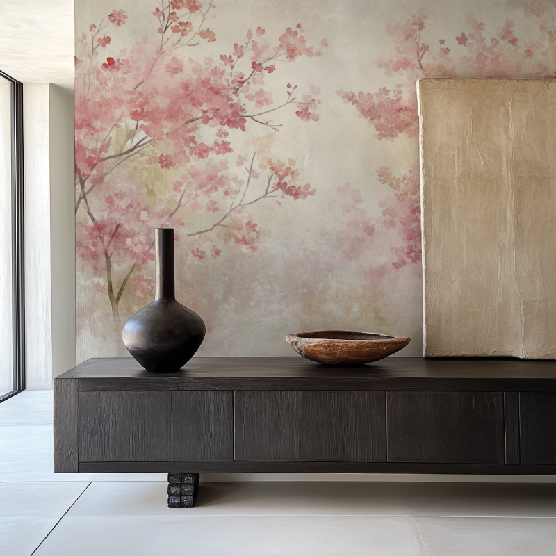 Japanese floral wallpaper creating depth in a modern home office