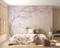 Cherry blossom wallpaper creates a peaceful bedroom sanctuary with soft pink and lavender blooms