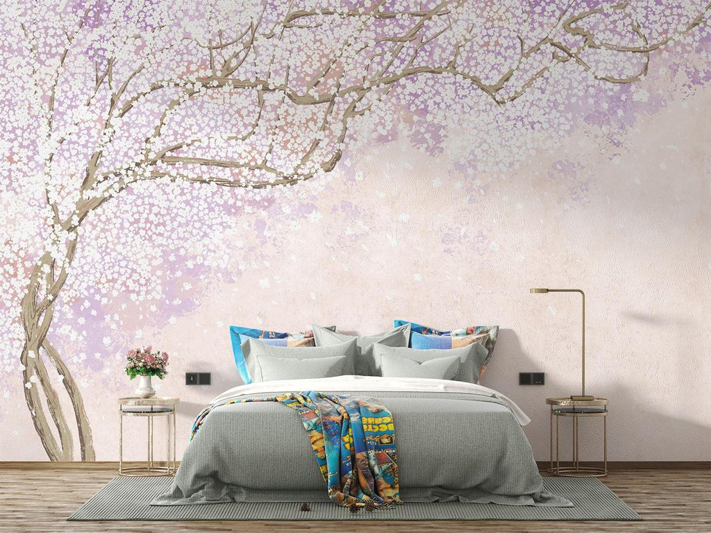 Japanese cherry blossom mural transforms a modern living room with delicate branches
