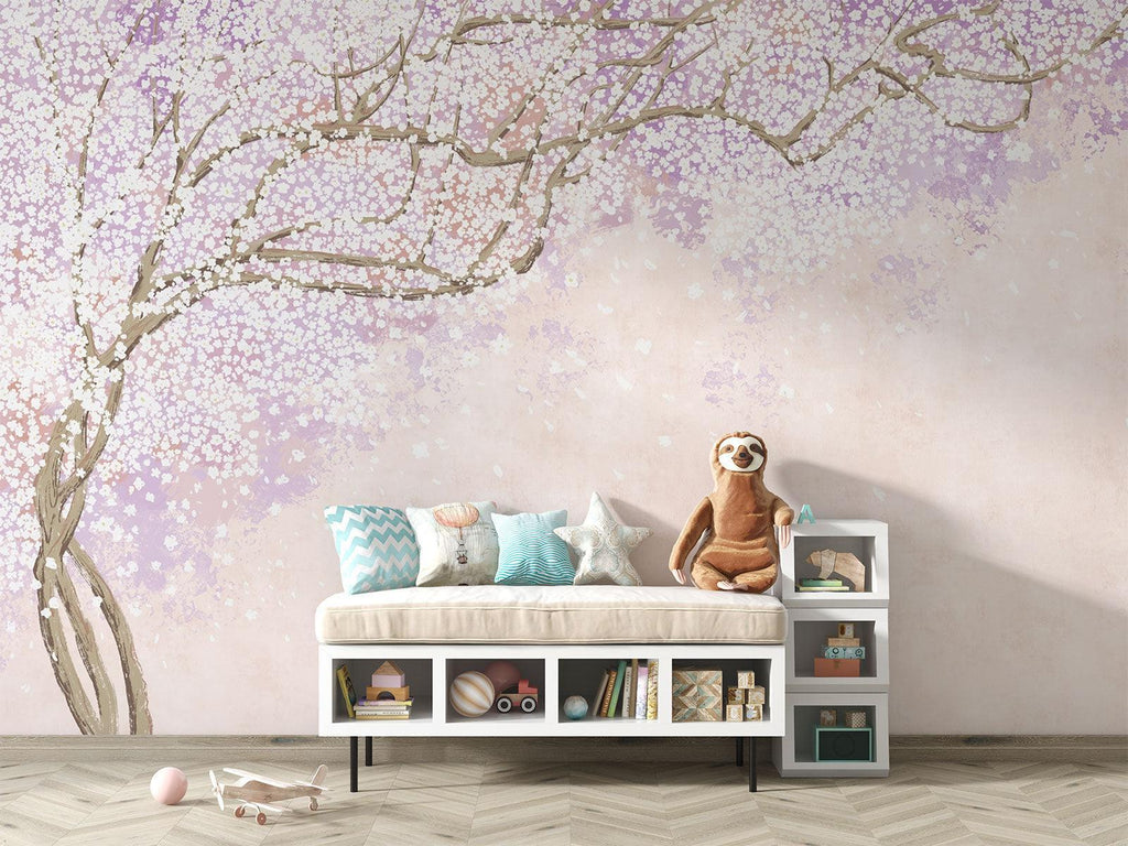 Pink floral wallpaper adds spring charm to a bright dining room