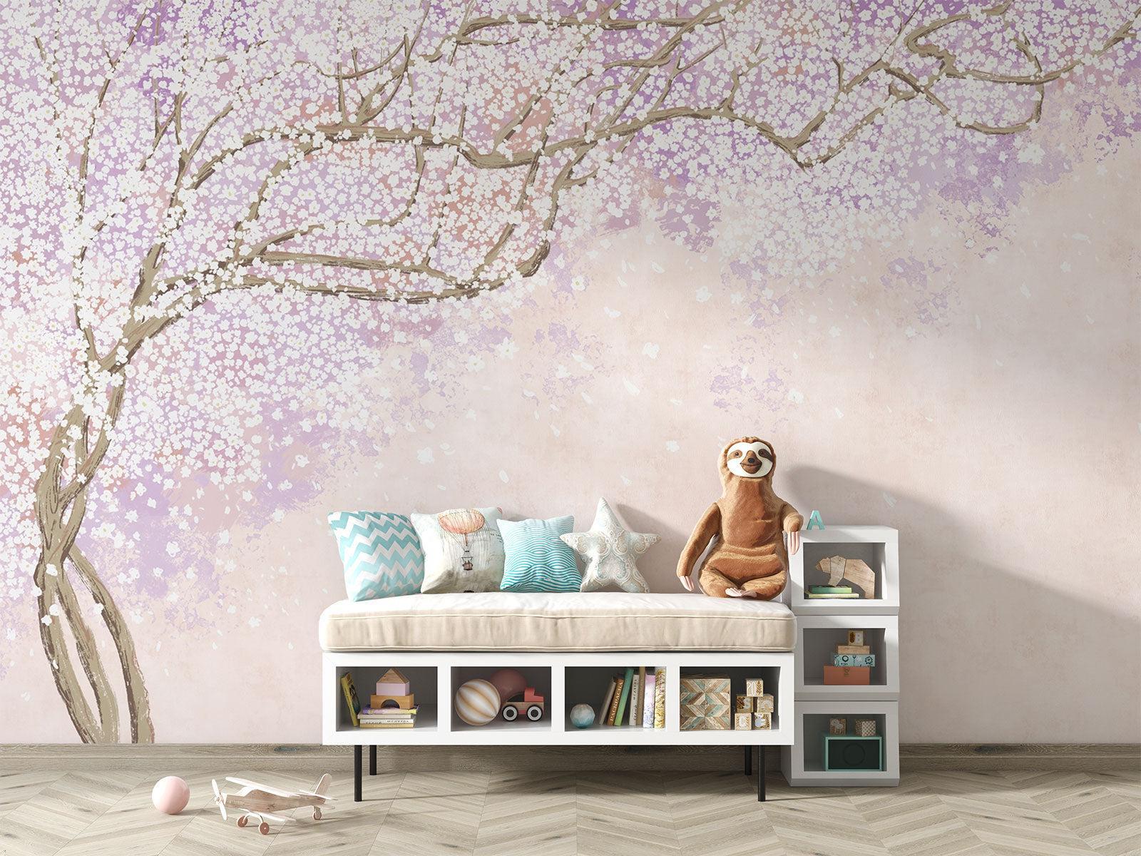 Pink floral wallpaper adds spring charm to a bright dining room