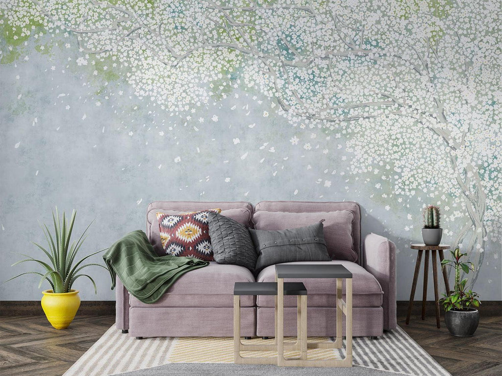 Cherry blossom wallpaper in modern minimalist bedroom creating serene atmosphere