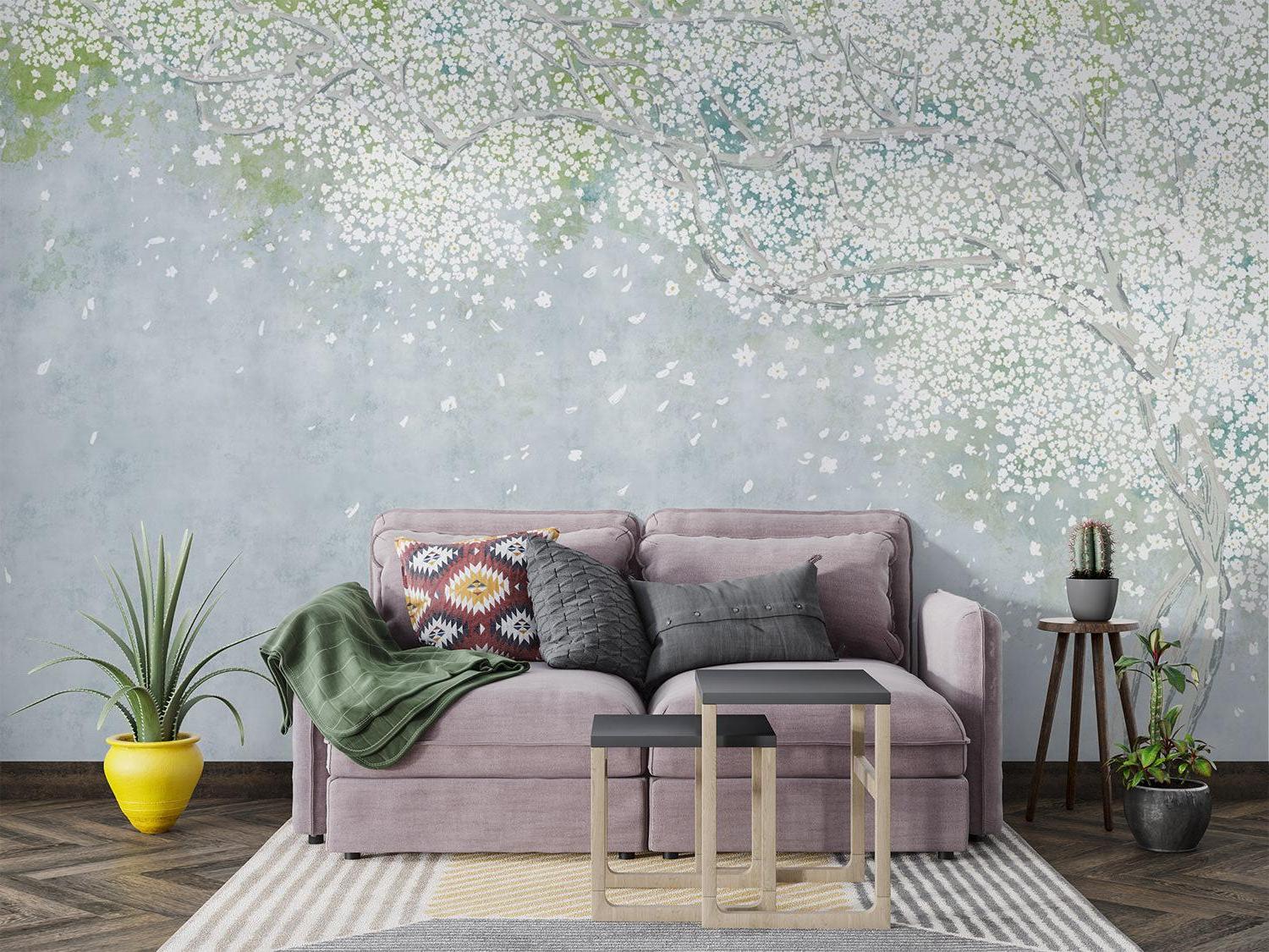 Cherry blossom wallpaper in modern minimalist bedroom creating serene atmosphere