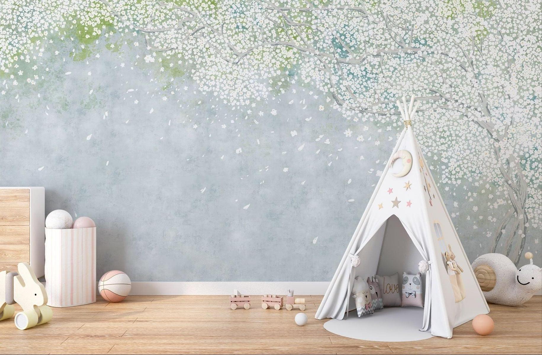 Cherry blossom wall mural bringing spring feel to dining room