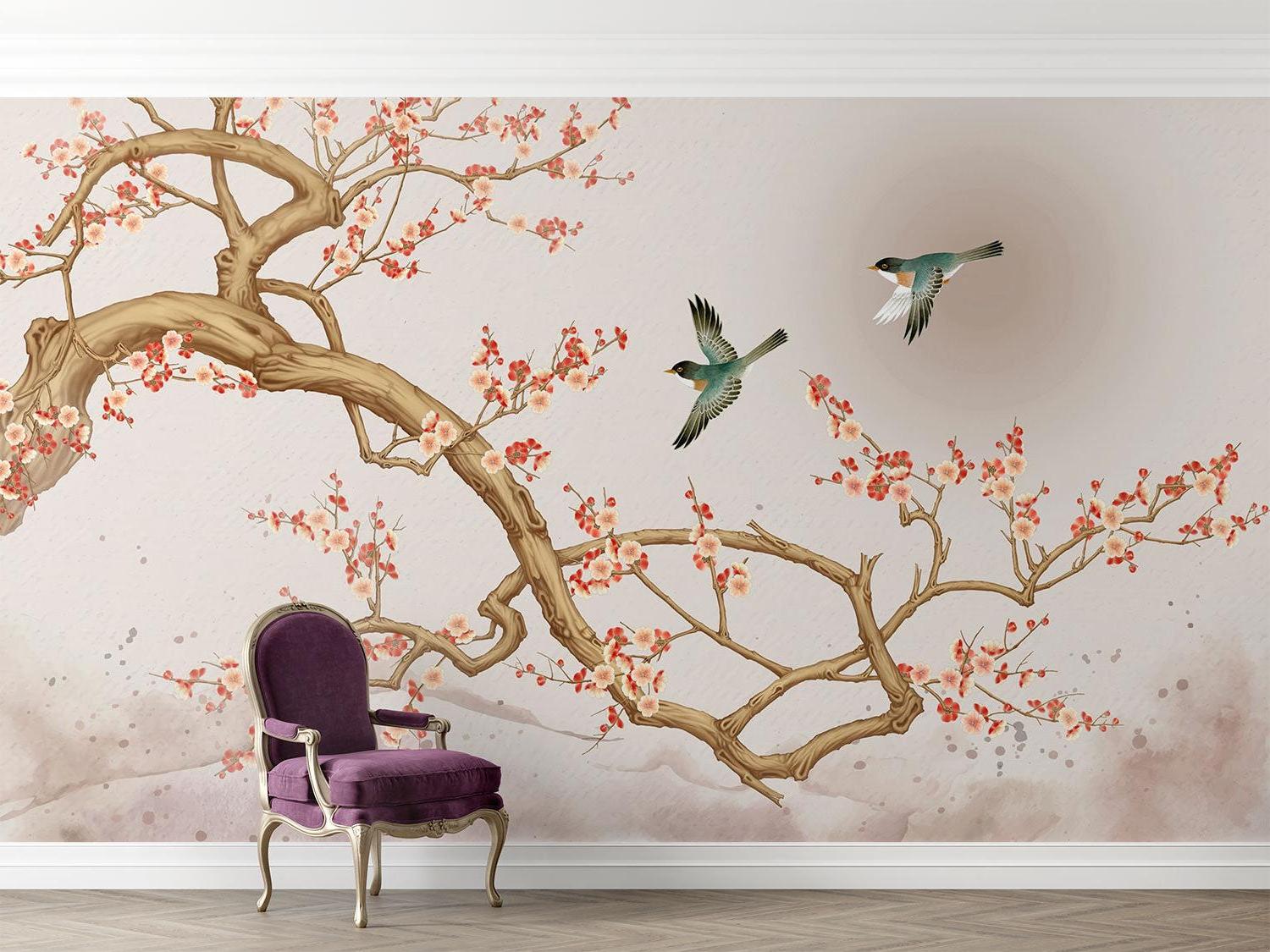 Cherry blossom wallpaper creating a serene atmosphere in a modern living room with natural light