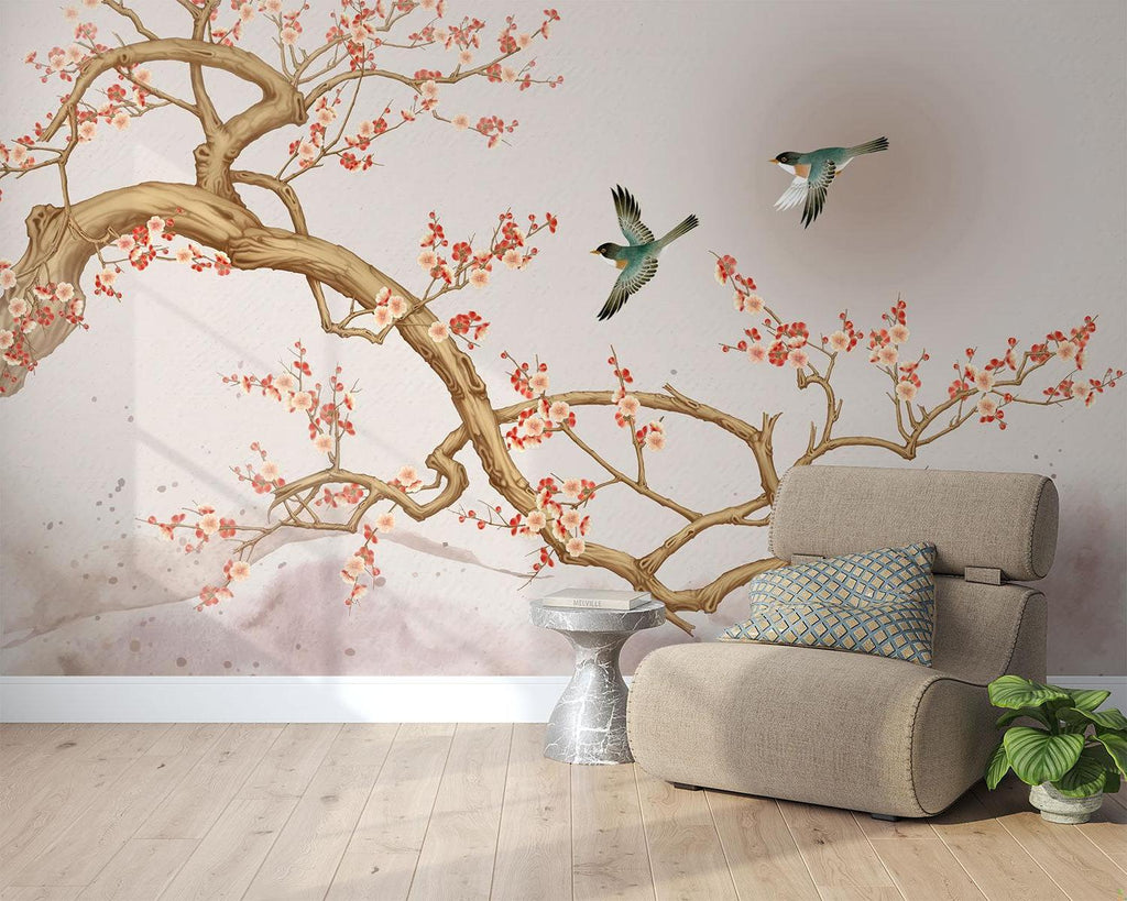 Asian floral wall mural bringing nature into a meditation room