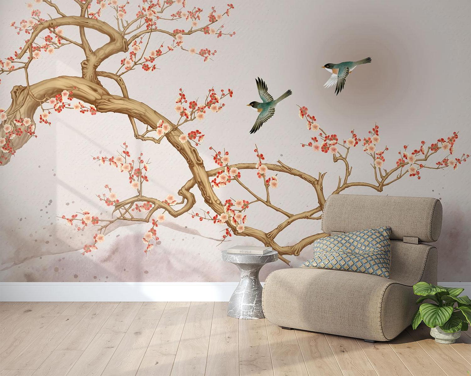 Asian floral wall mural bringing nature into a meditation room