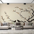 Japanese Cherry Blossom wallpaper creating a zen atmosphere in a modern bedroom with natural light
