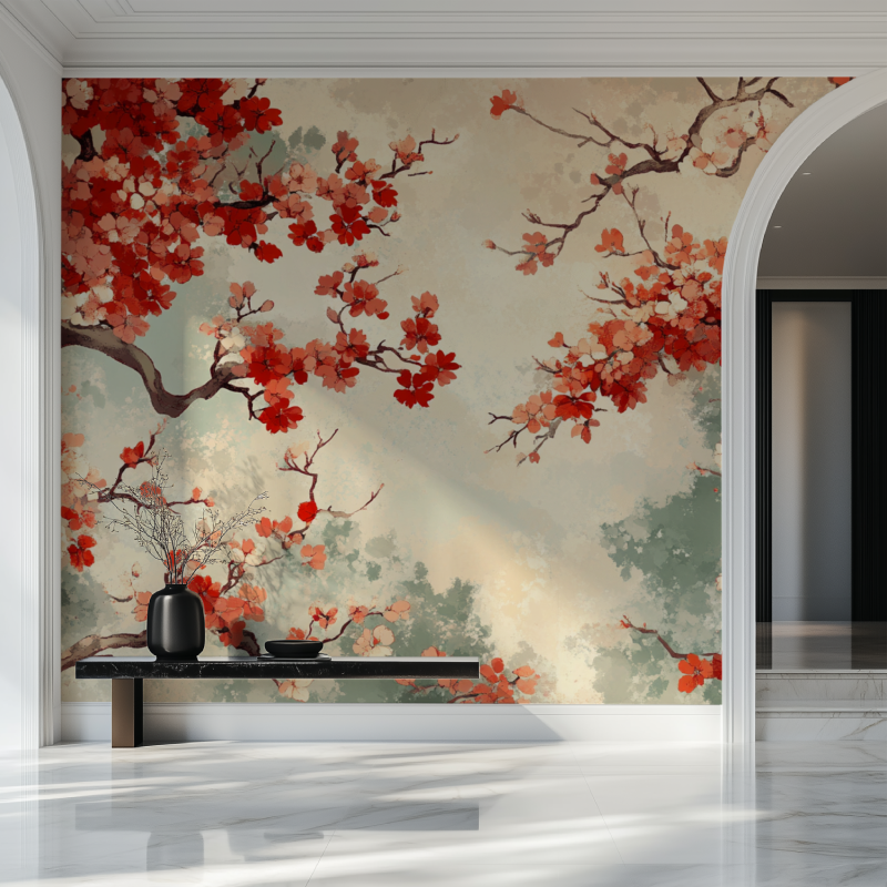 Japanese floral mural bringing zen style to a minimalist bedroom with beige tones