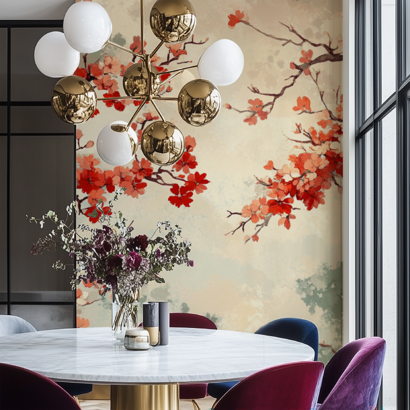 Sakura wall mural adding elegance to a contemporary dining room setting