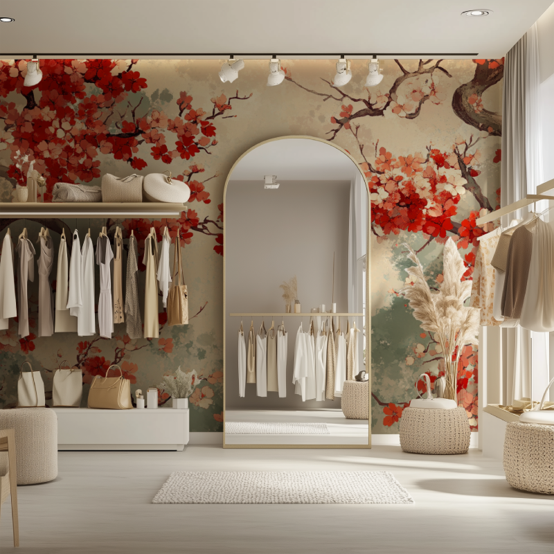 Red cherry blossom wallpaper transforming a home office with Japanese inspiration