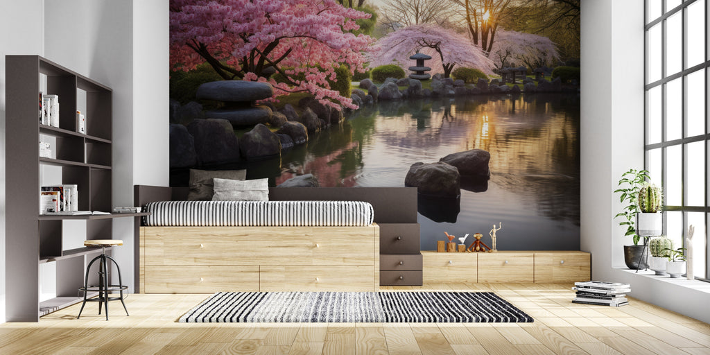Japanese garden wallpaper transforming dining room with sunset glow and cherry blossoms