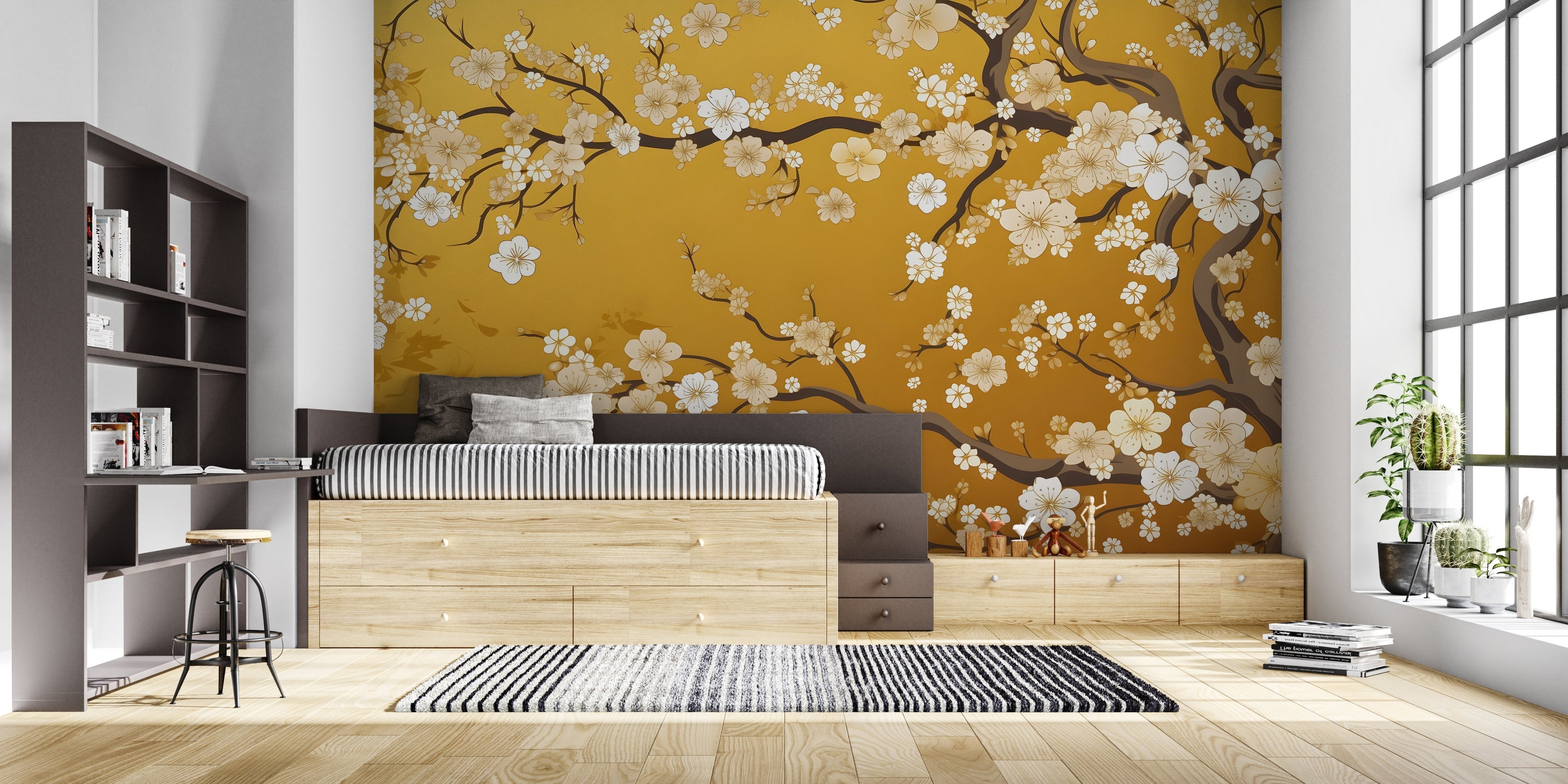 Cherry blossom wallpaper with gold accents in modern living room creating zen atmosphere