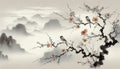 Japanese Cherry Blossom wall mural creating a peaceful atmosphere in a modern living room with minimal furniture