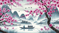 Cherry blossom wallpaper creating a peaceful atmosphere in a modern living room with soft natural light