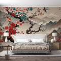 Japanese Cherry Blossom Wallpaper creating a peaceful atmosphere in a modern living room with mountain and birds design