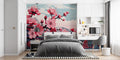 Cherry blossom wallpaper creating a serene atmosphere in a modern living room with mountain lake view