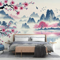 Japanese Cherry Blossom Wallpaper creating a serene atmosphere in a modern bedroom with soft morning light