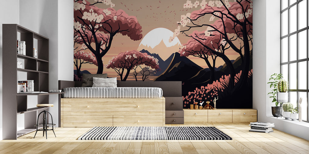 Japanese mountain wall mural in master bedroom creating peaceful atmosphere