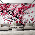 Cherry blossom wallpaper creating a serene atmosphere in a modern Japanese-inspired bedroom with minimal furniture