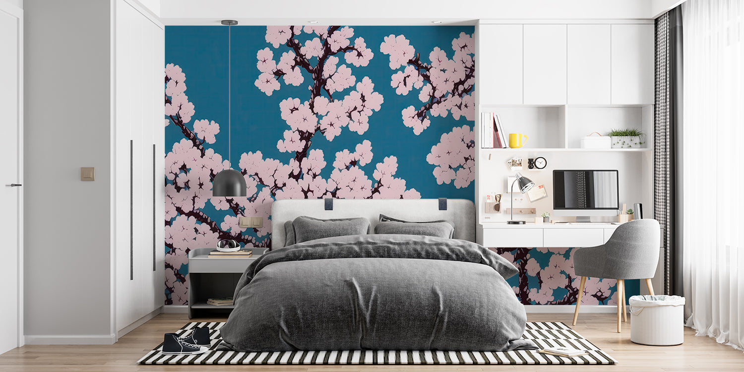 Japanese cherry blossom mural in meditation room with natural decor