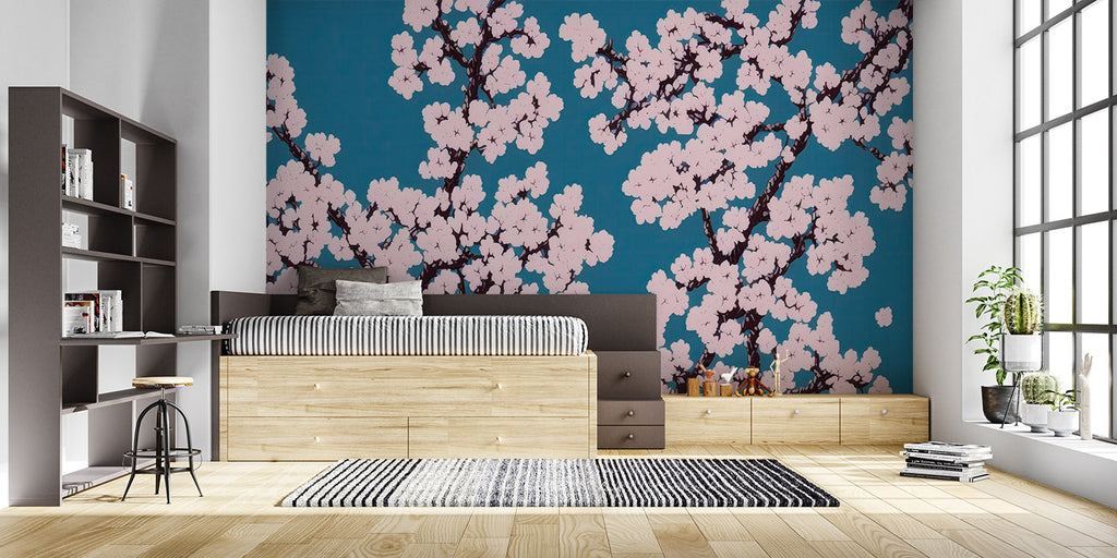 Cherry blossom wall design in spa-inspired bathroom with teal accents