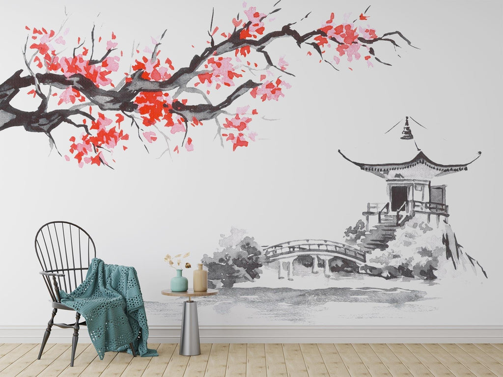 Japanese Cherry Blossom wallpaper creating a serene atmosphere in a modern minimalist bedroom with soft morning light