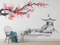 Japanese Cherry Blossom wallpaper creating a serene atmosphere in a modern minimalist bedroom with soft morning light