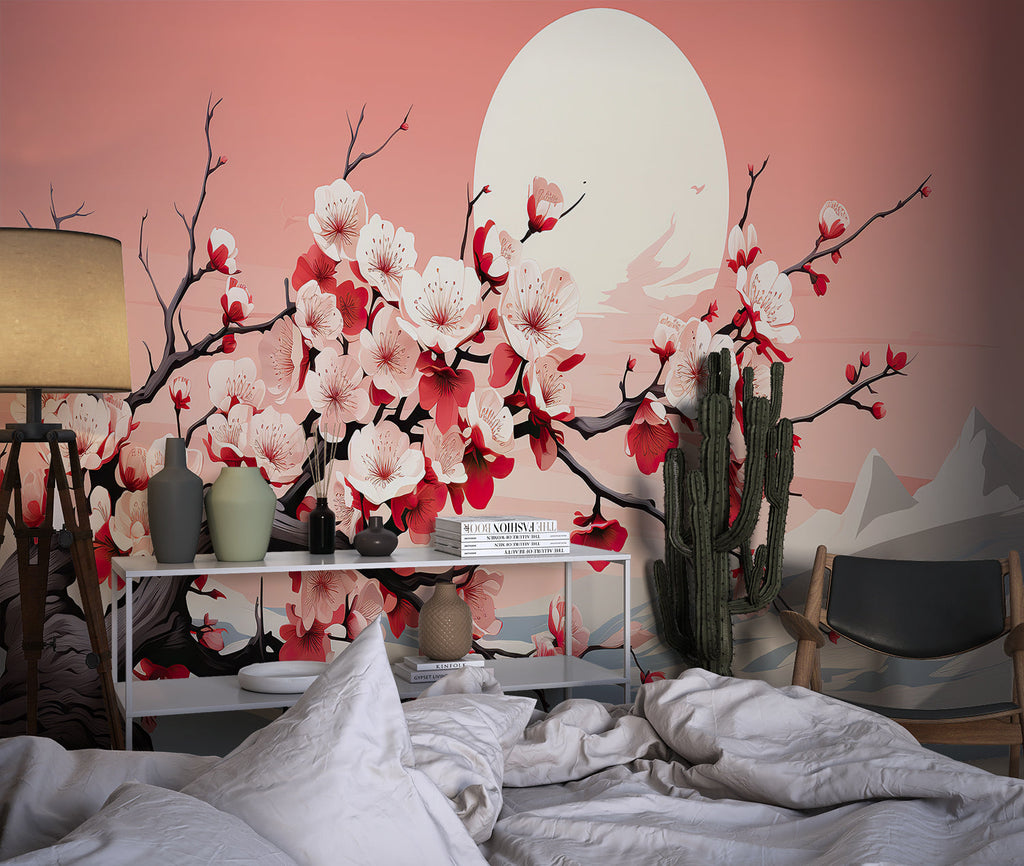 Cherry blossom wallpaper creating a serene atmosphere in a modern living room with minimalist furniture