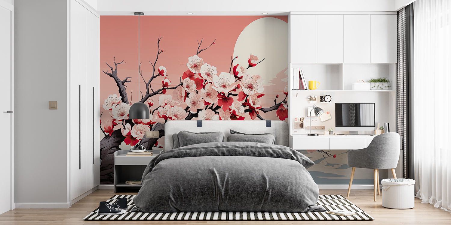 Japanese floral wallpaper transforming a meditation room with pink sakura blooms