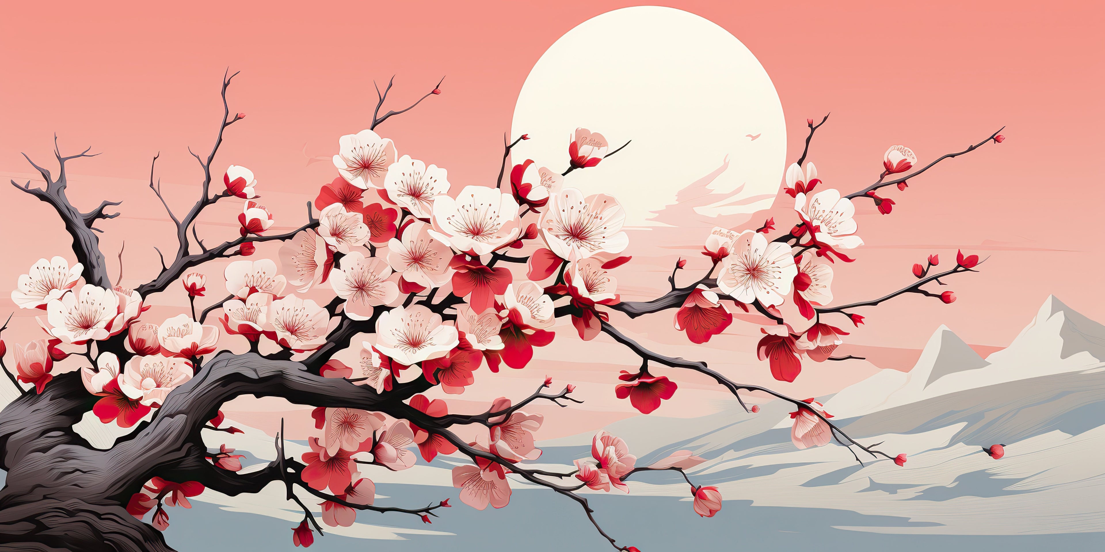 Design file showing detailed cherry blossom pattern with desert moon and mountain silhouettes