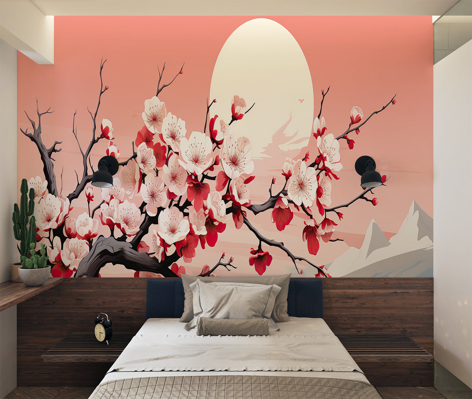 Japanese cherry blossom mural brightening a minimalist living room space