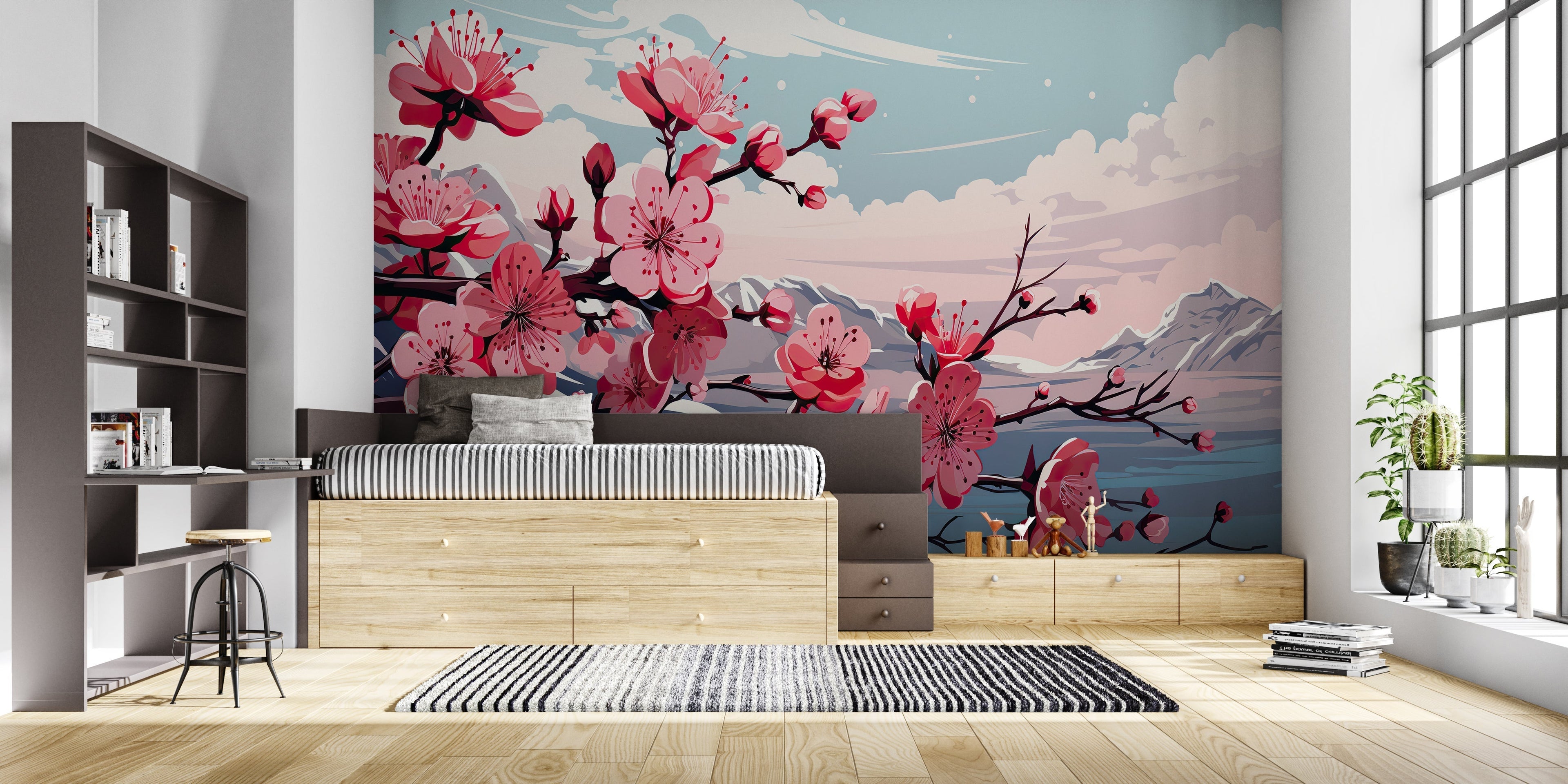 Cherry blossom wall mural creating a zen atmosphere in a meditation room