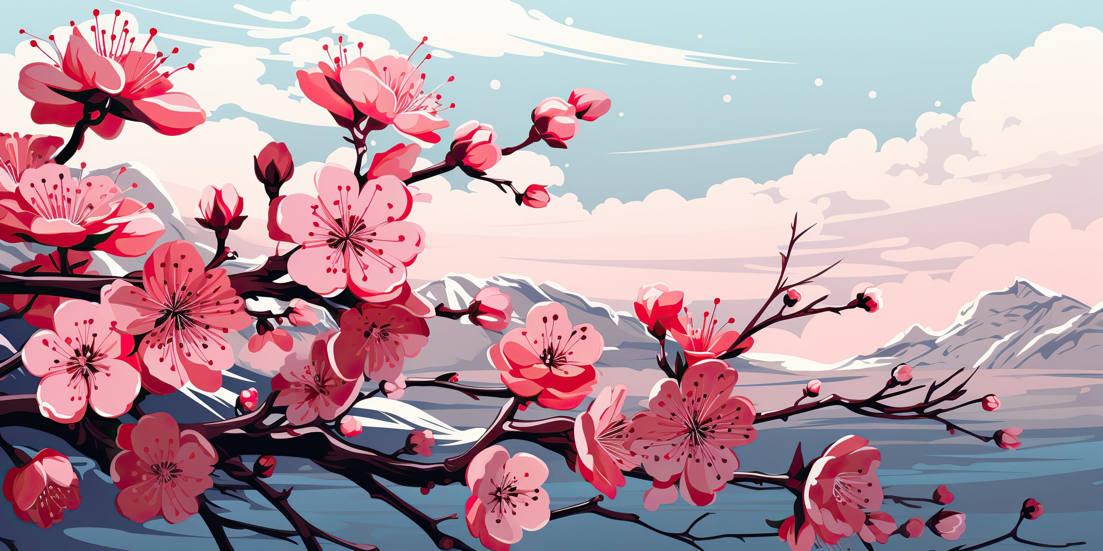 Design file showing detailed Japanese sakura blooms and mountain landscape pattern