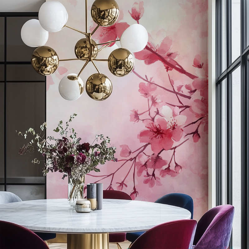Cherry blossom wallpaper creating a peaceful atmosphere in a modern bedroom with natural light