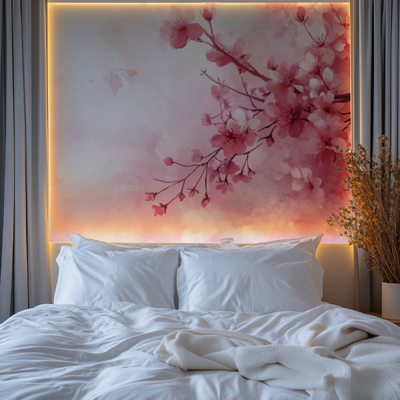Japanese cherry blossom mural adding elegance to a minimalist dining room