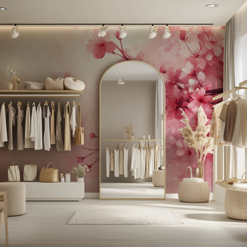 Watercolor cherry blossom mural transforming a home office space