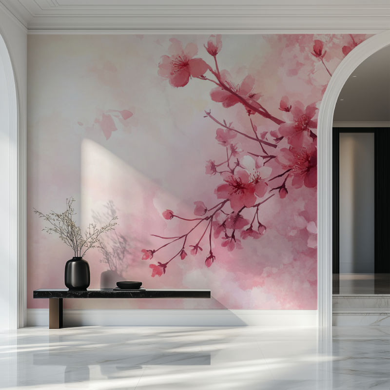 Cherry blossom wall mural creating zen atmosphere in meditation room