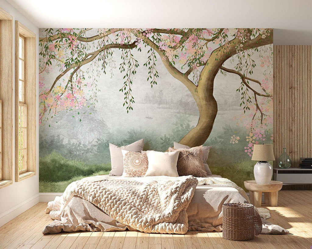 Pink cherry blossom mural adding spring charm to a dining room