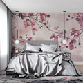 Cherry blossom wallpaper creating a serene atmosphere in a modern bedroom with natural light